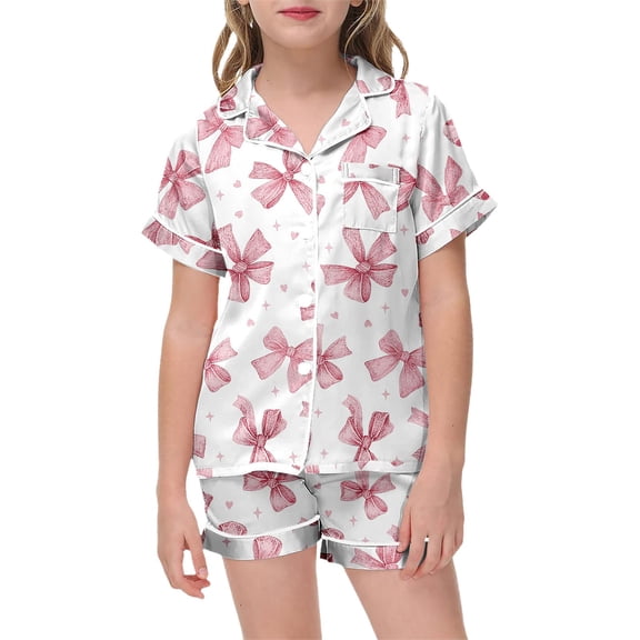 Silk Pajamas for Kids Matching Valentines Day Pajamas Short Sleeve Bow Print Button Down Sleepwear Pajama Sets for Girls 4-5 Years