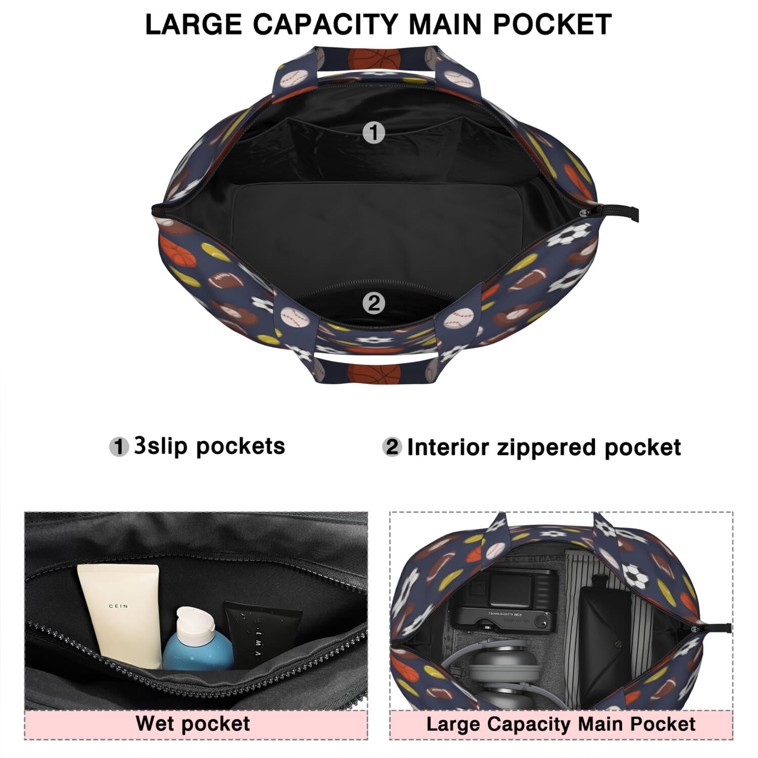 Football Baseball Pattern Travel Tote Bags for Women Carry On,Large Weekender Bags for Women Travel,Multi Functional Duffle Bag for Work,Shopping,Sports