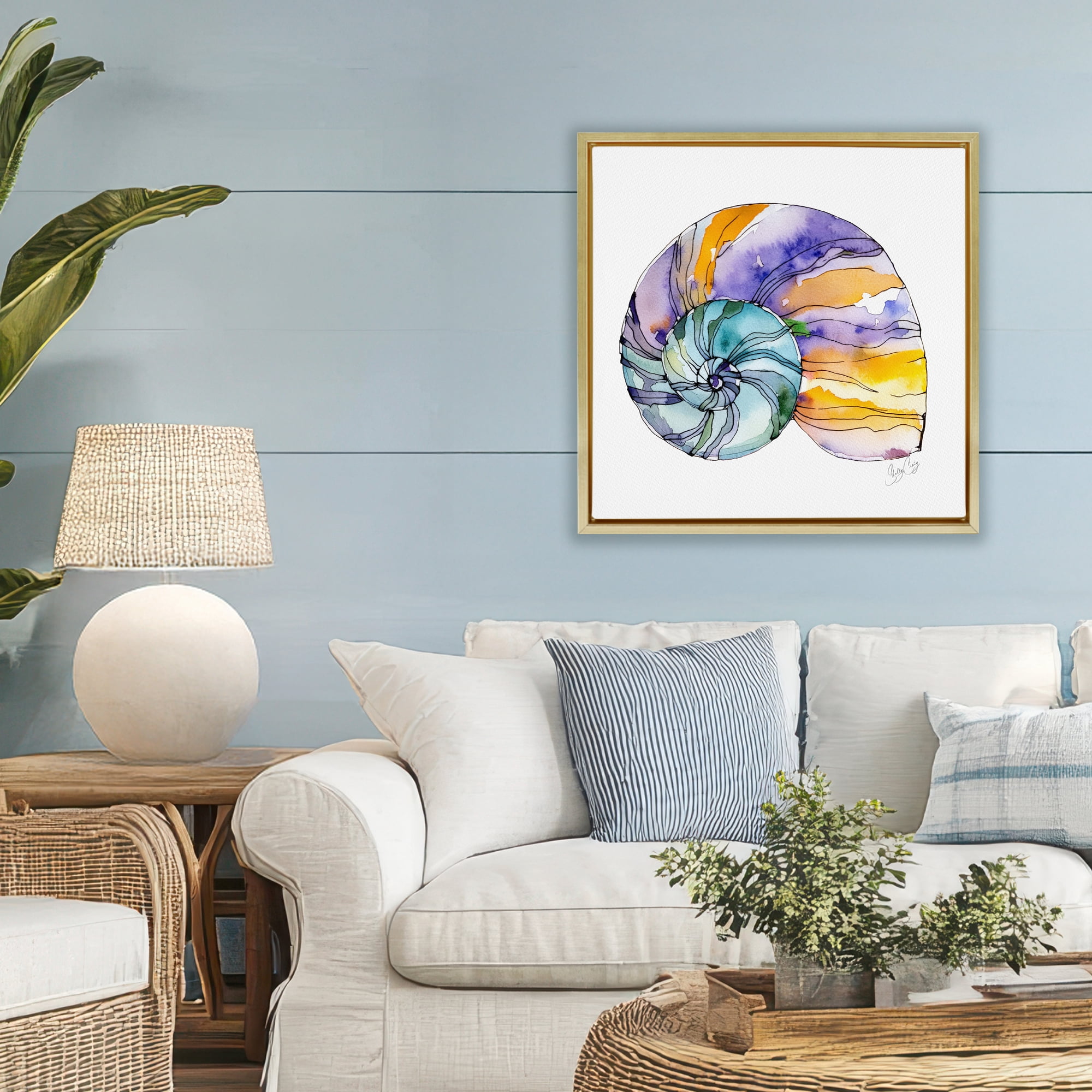 Stupell Industries Sunlit Striped Nautilus Gold Framed Floater Canvas Wall Art, design by Shelly Craig
