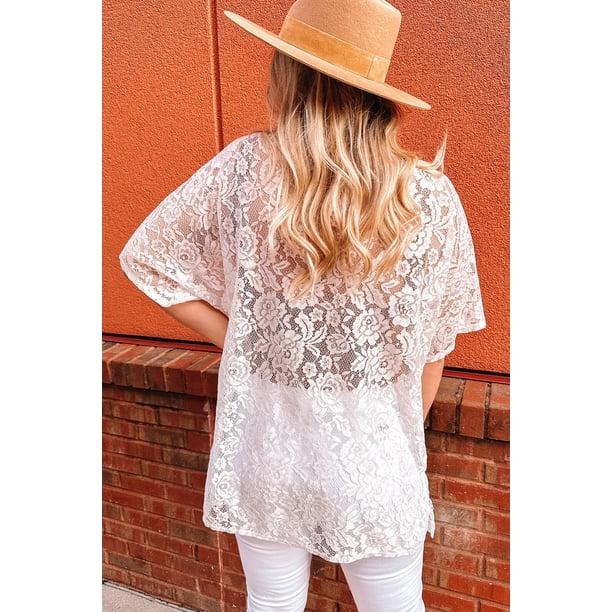 ABPHQTO Kimono blanco de crochet con encaje floral y manga corta con frente abierto para mujer