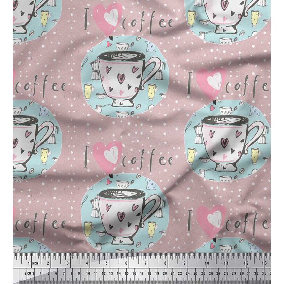 Soimoi Pink polyester Crepe Fabric Dot & I Love Coffee Text Print Fabric by Yard 42 Inch Wide