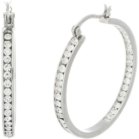 Women's Crystal Accent Stainless Steel 30mm Inside Outside Hoop Earrings
