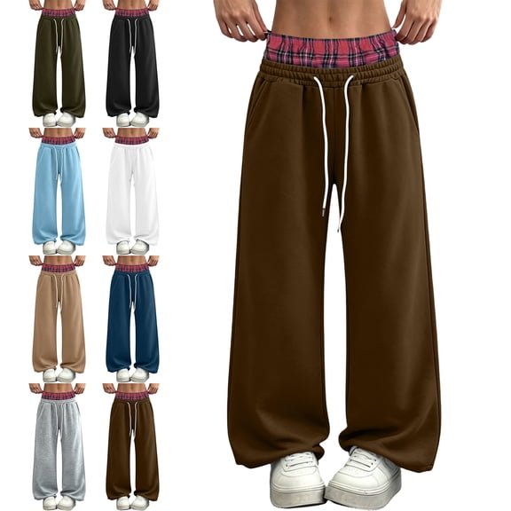 SYwaren Fleece Jogger Pants for Women Colorblock High Waist Baggy Casual Drawstring Elastic Double Waistband Lounge Sweatpants with Pockets