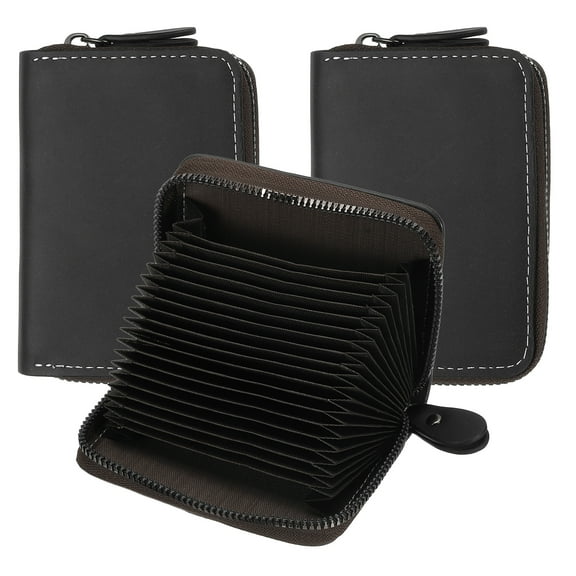 Uxcell 2Pcs Accordion Credit Card Holder Zipper Wallet, Leather Card Case Organizer with 18 Card Slots for Women Men Storage, Black (2 coin slots)