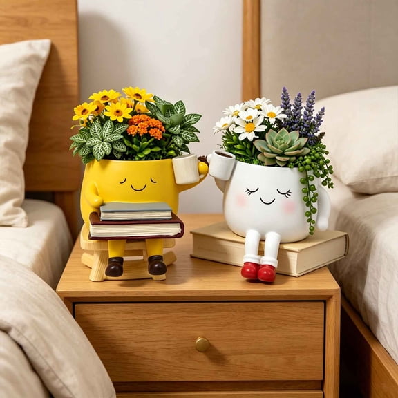 Gumesh Cute Face Planters Succulent Pots, Funny Rocking Chair Reading Head Flower Planter Cactus Pot with Drainage Hole for Indoor Outdoor Plants, Unique Plant Lover Gifts