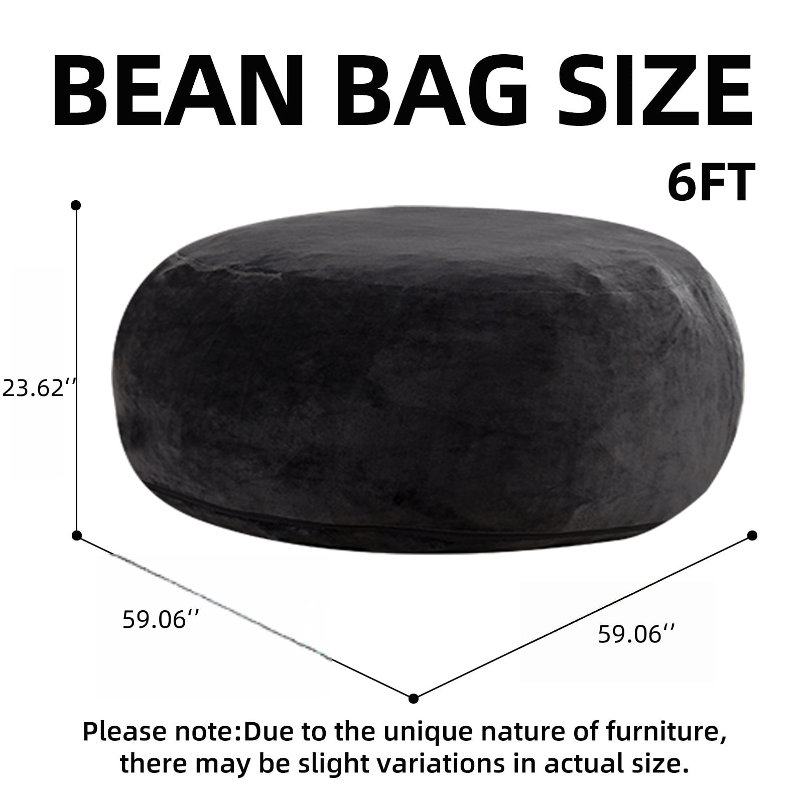 Bean Bag Chair, 6FT Memory Foam Filling Adult and Teen Sofa Chair, Soft Round Sofa with Removable Flannel Cover, for Living Room Bedroom and Dorm, Black