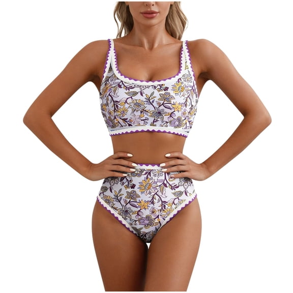 FAHXNVB Women's Bikini Sets Floral Print Whip Stitch 2 Piece Tankini Swimsuits Summer Bathing Suits with High Waisted Bottom,M,Purple