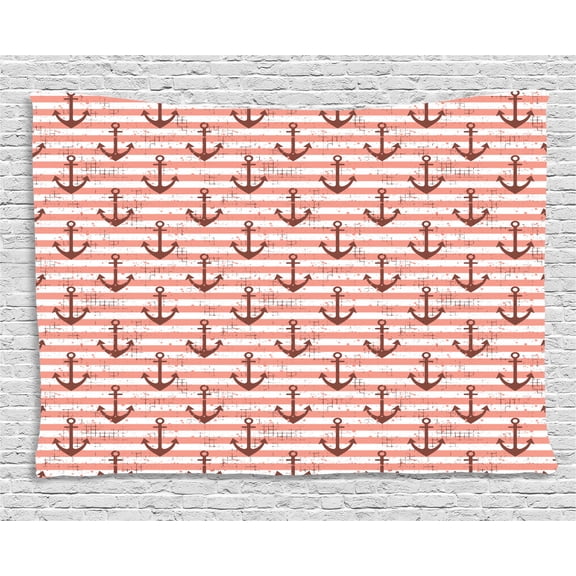 Anchor Tapestry, Vintage Style Nautical Symbols on a Grunge Pastel Colored Background, Wall Hanging for Bedroom Living Room Dorm Decor, 60W X 40L Inches, Redwood Coral and White, by Ambesonne