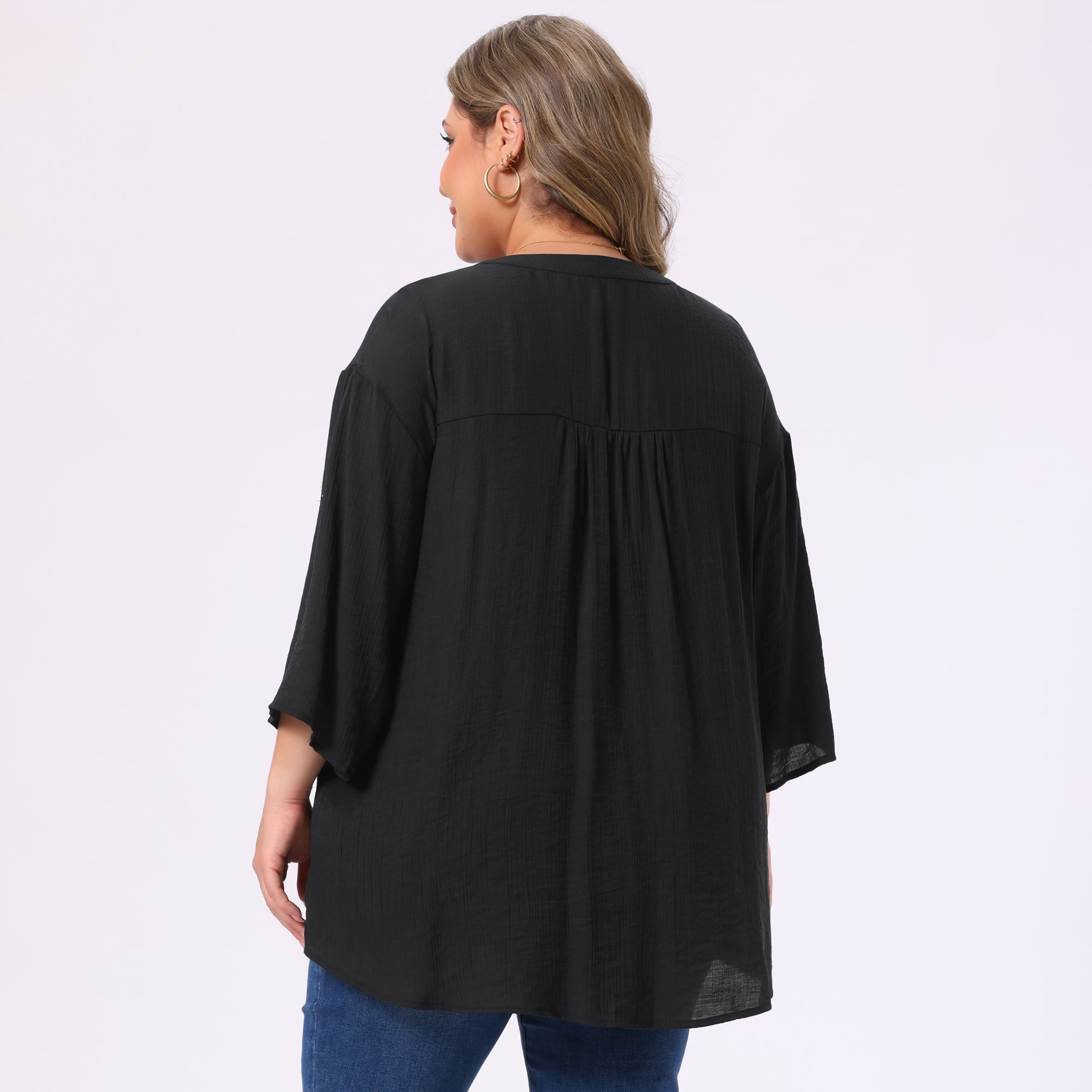 DARING DIVA Women's Plus V Neck 3/4 Sleeve Pleated Textured Dressy Button Shirts 3X Black