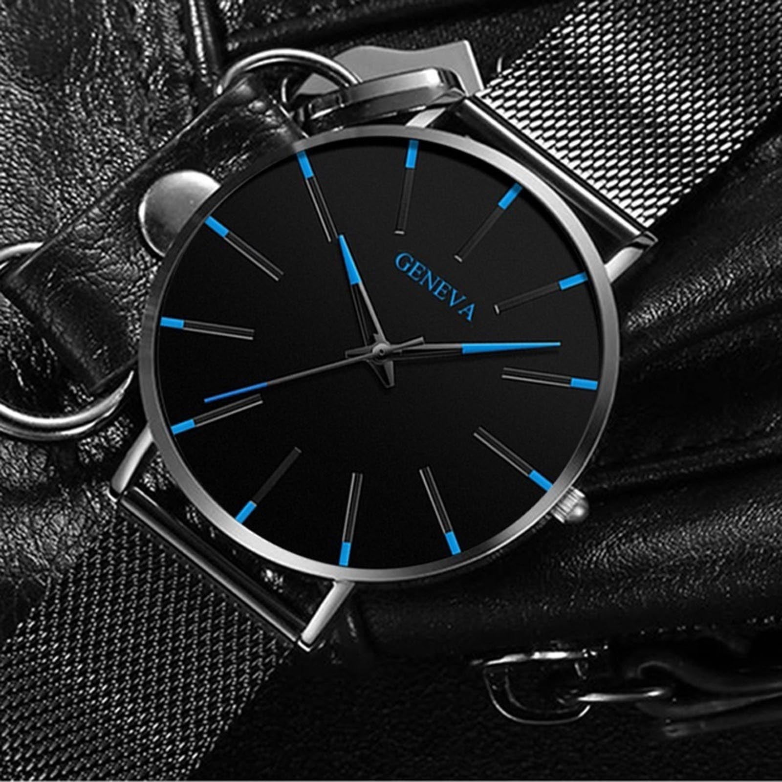 Montre Geneva Quartz Homme – Cadran Noir, Calendrier, Bracelet Maille Noir, Boîtier Alliage, Neuf Sans étiquette