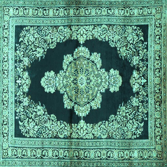 Ahgly Company Machine Washable Indoor Square Medallion Turquoise Blue Traditional Area Rugs, 4' Square
