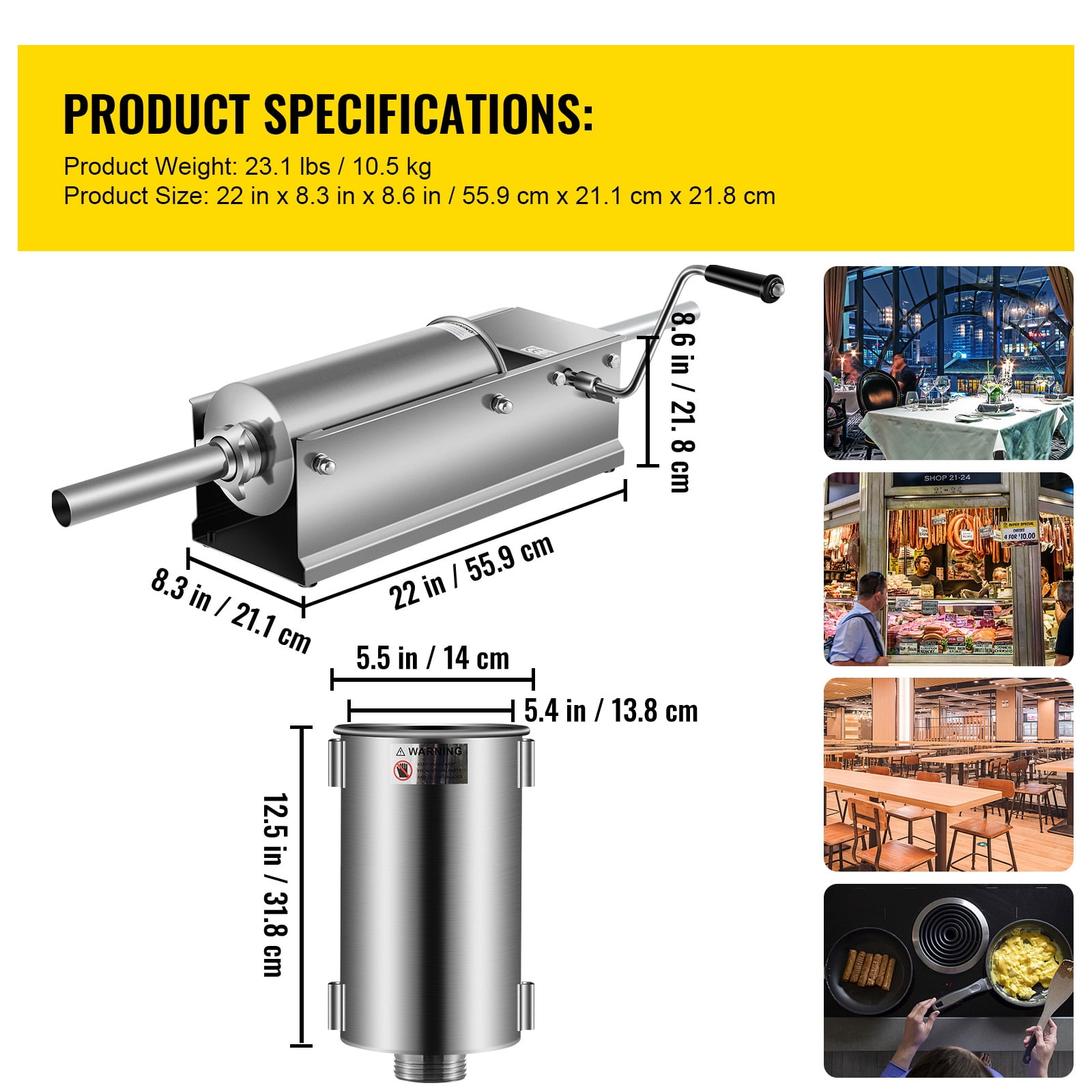 KFFKFF Hand-Operated Sausage Filler, 5 L / 11 LBS Horizontal Meat Injector, Two-Speed Food Processor, Constructed with Edible 304 Stainless Steel, Comes with 5 Filling Nozzles