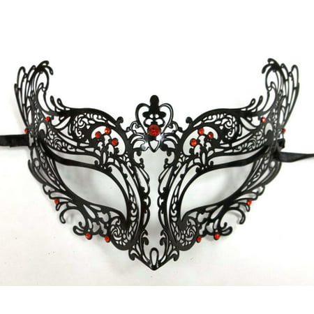 Royal Red Black Laser Cut Venetian Masquerade Metal Filigree Mask Rhinestones