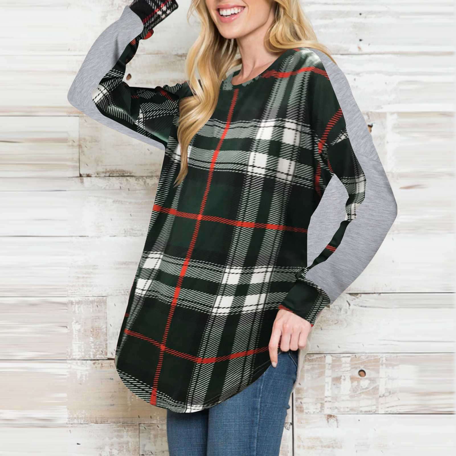 Plaid Gingham Pullover Drop Shoulder Long Sleeve Plaid Pullover Crewneck Loose Gingham Shirt for Women Green XL Walmart