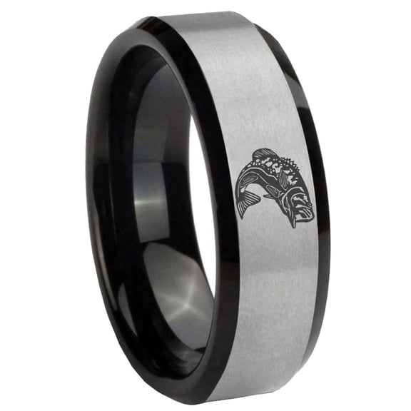 Bass Fishing Beveled Edge Gray And Black Tungsten Men Ring 10MM