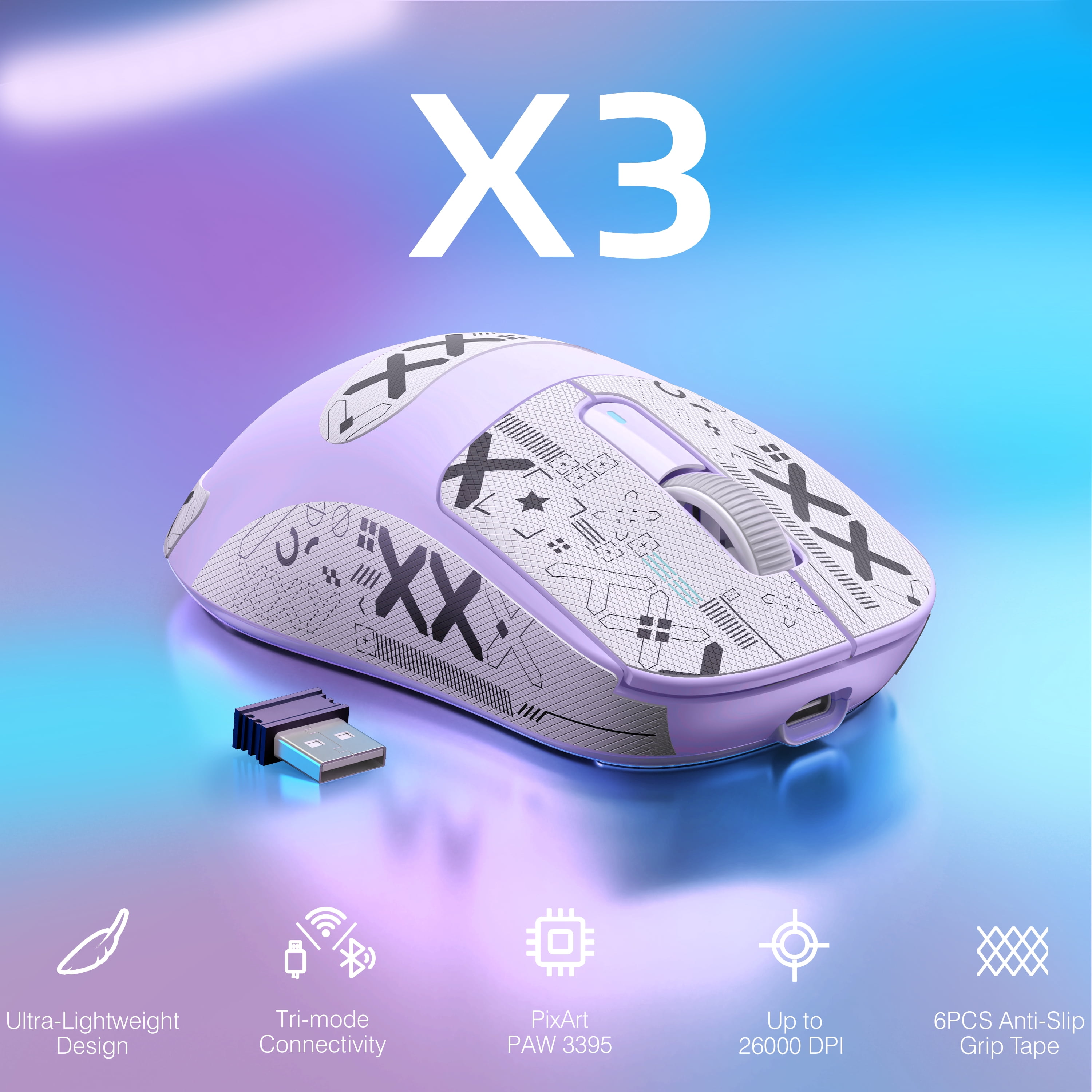 ATTACK SHARK X3 Wireless Gaming Mouse, 49g Ergonomic Design, Tri-Mode Bluetooth/2.4G/USB-C Wired, PAW3395 Optical Sensor, 26000 DPI, Programmable Buttons, for PC/Laptop/Mac, Purple with Griptape