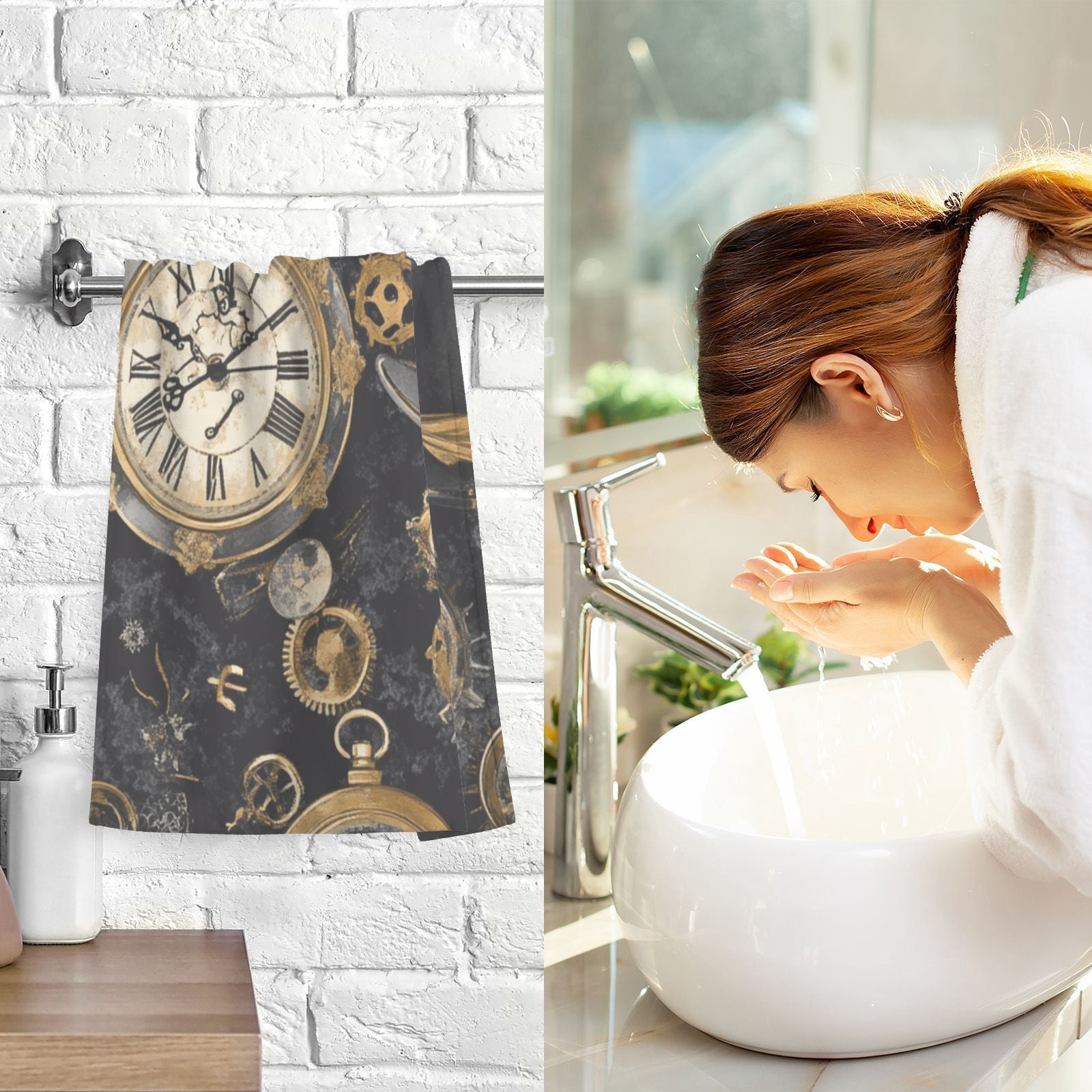 Gold Pocket Watches Hand Towels Cotton Bath Towels Large Face Towels Absorbent for Bathroom 2 Packs
