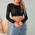 thumbnail image 2 of Byworldtasic Womens Blouses T-Shirts Sparkling Sequins Glittering Round Neck Long Sleeve Crop Top for Women Party Club Blouse Bodycon T-Shirt, 2 of 6
