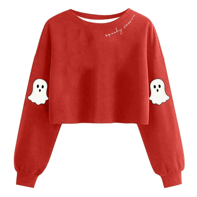 Lcziwo Chandail Court d'Halloween pour Femmes, Hauts Graphiques de Fantôme Mignon, Chandail à Manches Longues Lanterne à Col Rond, Saison Effrayante, Mode d'Automne, Chandail à Enfiler Rouge, P