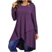 Jalioing Women's Long Sleeve Tunic Tops Round Neck Irregular Mid-Length Shirts Fashion Loose Blouses Outfits