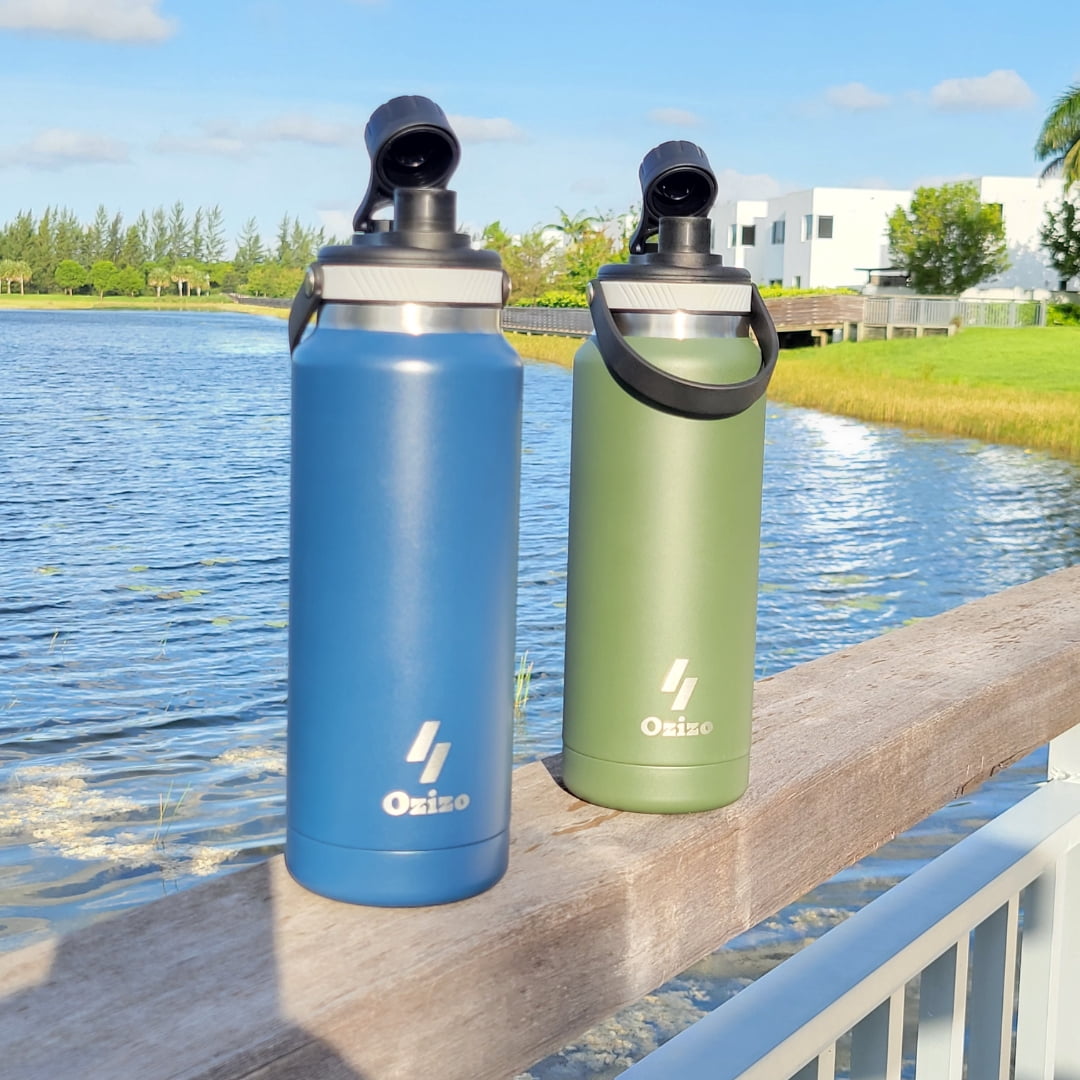 Ozizo Thermos for Water, 1 Liter Insulated Stainless Steel Bottle with Flip Top Lid, Leakproof Double Wall (Black and Green)