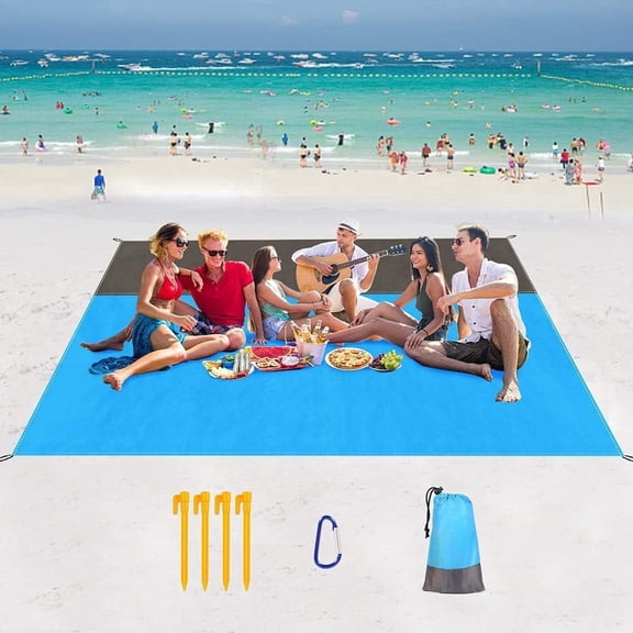 Beach Blanket, Oversized Beach Mat, Soft Lightweight Pocket Blanket, Waterproof Outdoor Picnic Mat 79" X 85"(Gray&Blue)