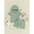 thumbnail image 2 of FEORJGP Toddler Boys Summer Outfits Infant Short Sleeve Hoodies Solid Color Pocket T-Shirts Hooded Sweatshirt Tops and Elastic Waist Drawstring Shorts Kids 2Pcs Loose Casual Clothes Set, 2 of 9