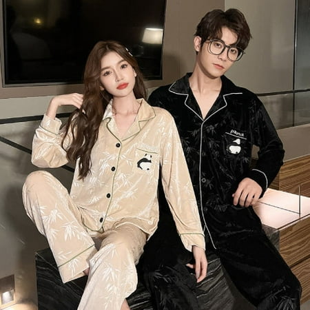 

PIKADINGNIS Fashion Autumn Winter Thicken Warm Couple Pajamas Set Women Sleepwear Gold Velvet Soft Home Wear Clothes Men Pajama Set