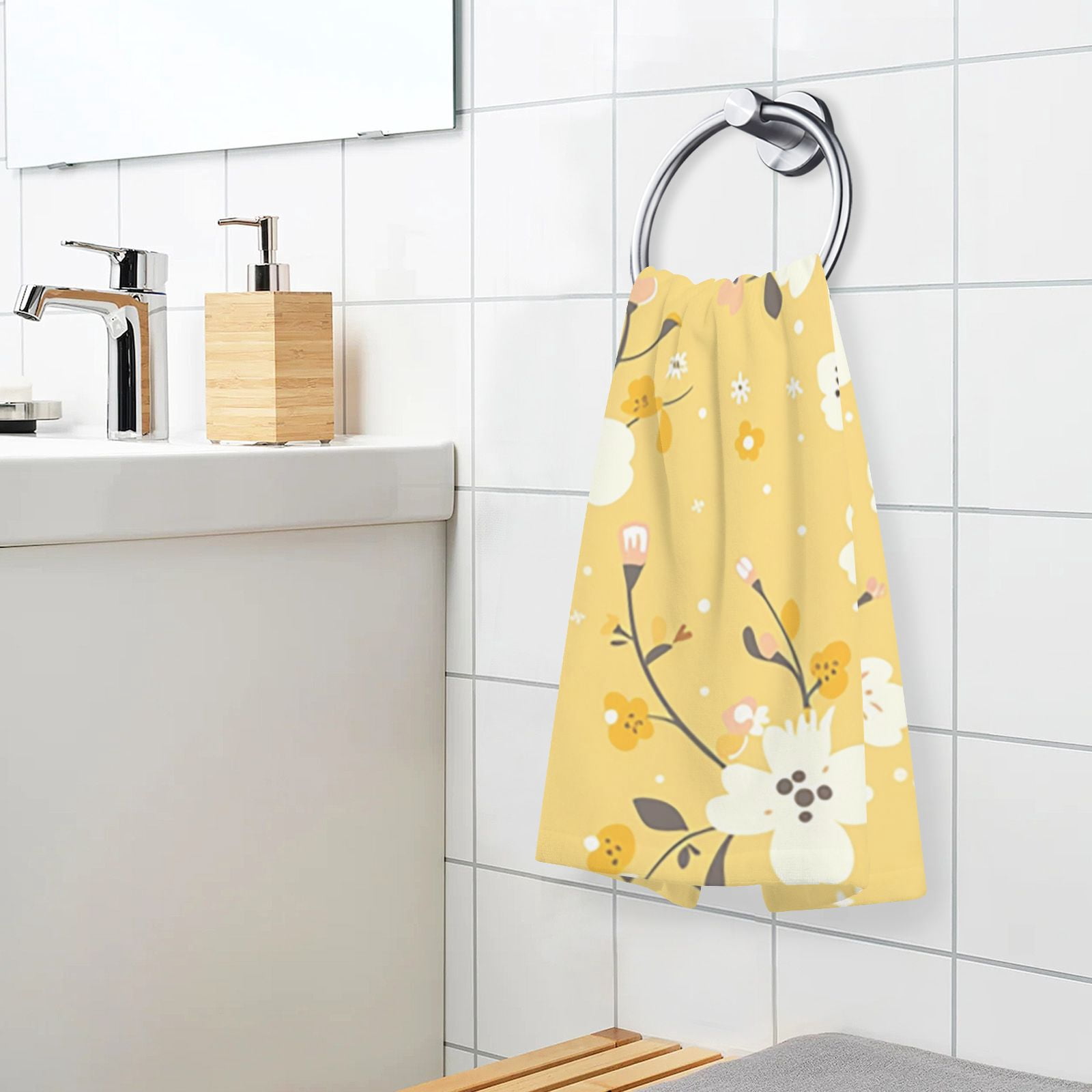Yellow Floral Hand Towels Cotton Bath Towels Large Face Towels Absorbent for Bathroom 2 Packs