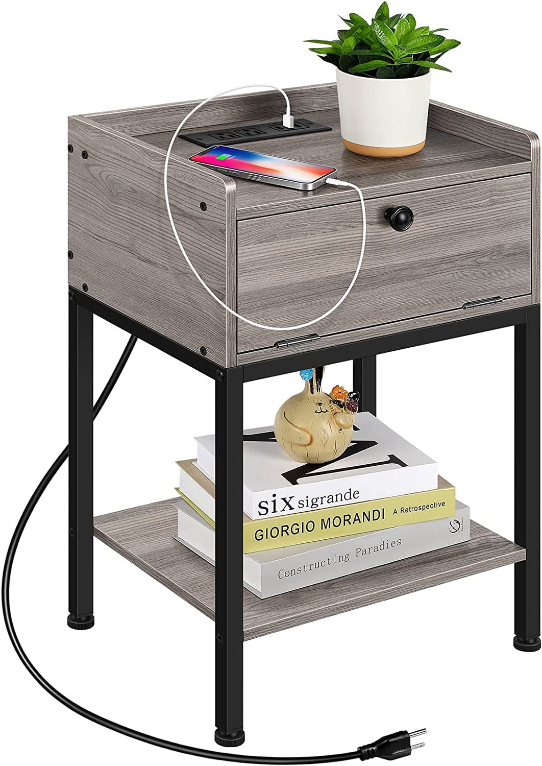 Wood Side Table with Charging Station Nightstand End Table with Storage Drawer, Gray