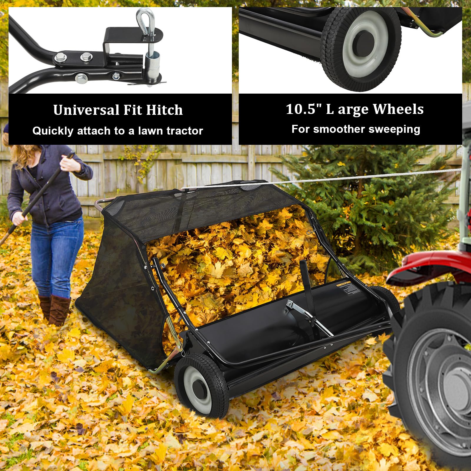Juiluna Tow Behind Lawn Sweeper 42 Inch, Large Capacity Heavy Duty Leaf Collector with Adjustable Sweeping Height, Dumping Rope Design for Picking Up Debris and Grass, 42", Black