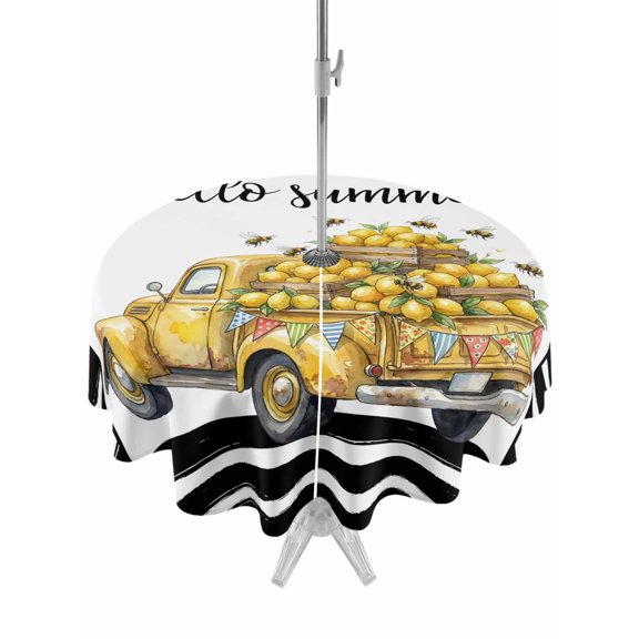 Outdoor Tablecloth with Umbrella Hole for Patio/Picnic/Party/Camping, Summer Lemons Waterproof Table Cloth Round Cover Washable, Modern Country Truck Bees Black Striped (Dia 54")