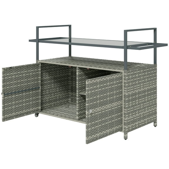 Homiyad 2-Tier Shelf PE Rattan Outdoor Bar Table, Glass Top Outdoor Serving Cart with Cabinet, Mixed Gray