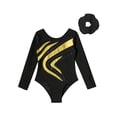 thumbnail image 3 of Doomiva Kids Girls Sparkle Waves Metallic Long Sleeve Gymnastics Ballet Dance Leotard with Hair Scrunchies Gold 10, 3 of 7