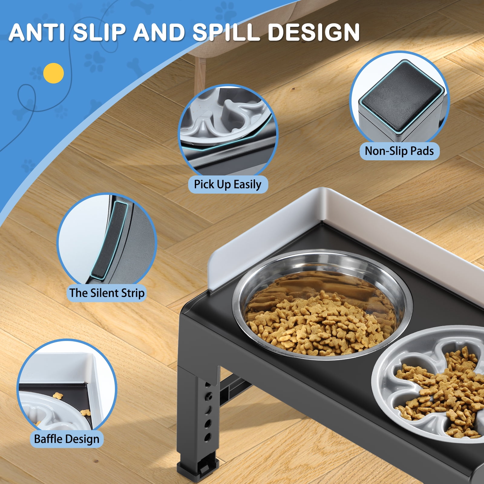 Euqvunn Elevated Dog Bowls, Raised Dogs Bowl Stand for Medium Large Dog, 6 Heights Adjustable 3.1", 8.7", 9.4", 10.2", 11", 11.8", Dog Feeder with 2 Stainless Steel Dishes &1 Slow Feeder Bowl