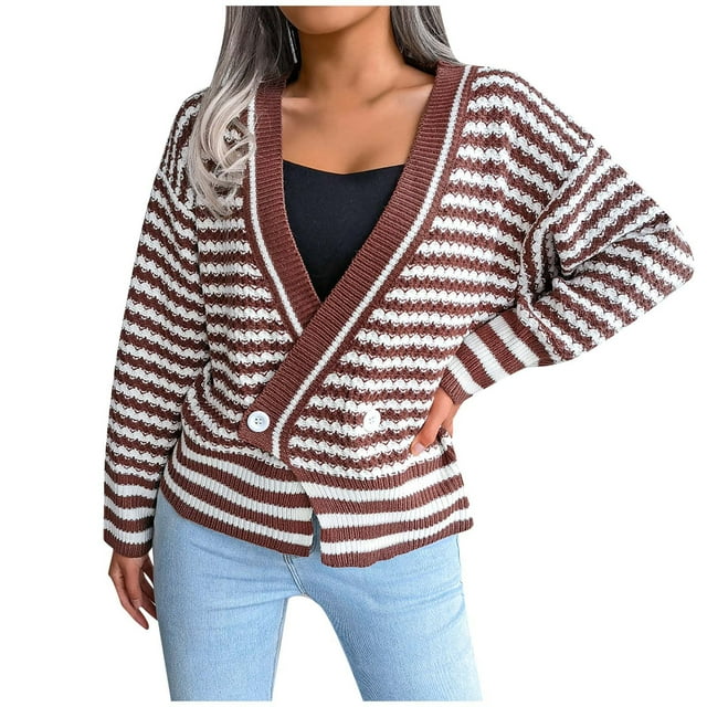 IROINID Pull à Boutons pour Femmes Col en V Rayures Loisirs Manches Courtes Longues Pull Tricoté