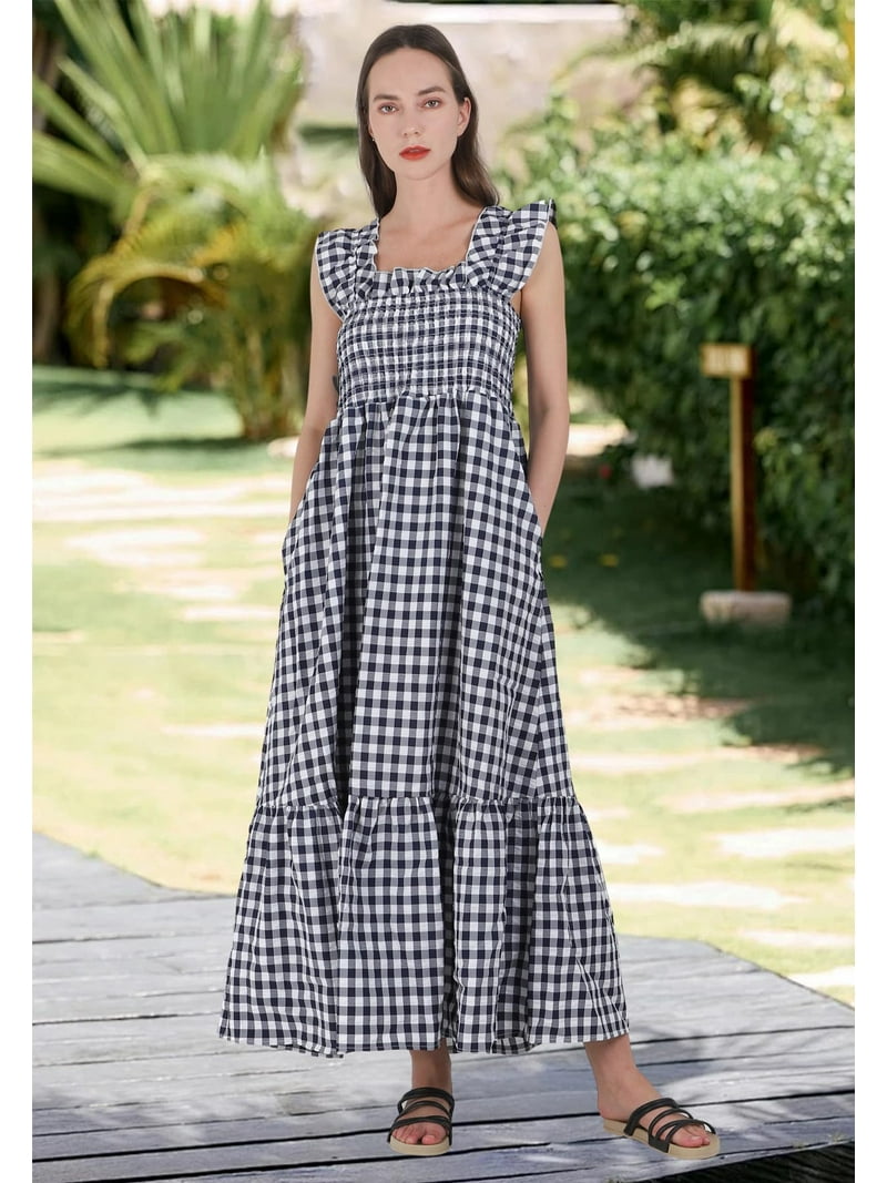 black plaid dress women Chouyatou Women's Retro Smocked Spaghetti Strap Flounce Long Dress(Black,S) Bec + Bridge Dominique audrey hepburn breakfast at tiffany's Polyester is an artificial Color:Dusty blue