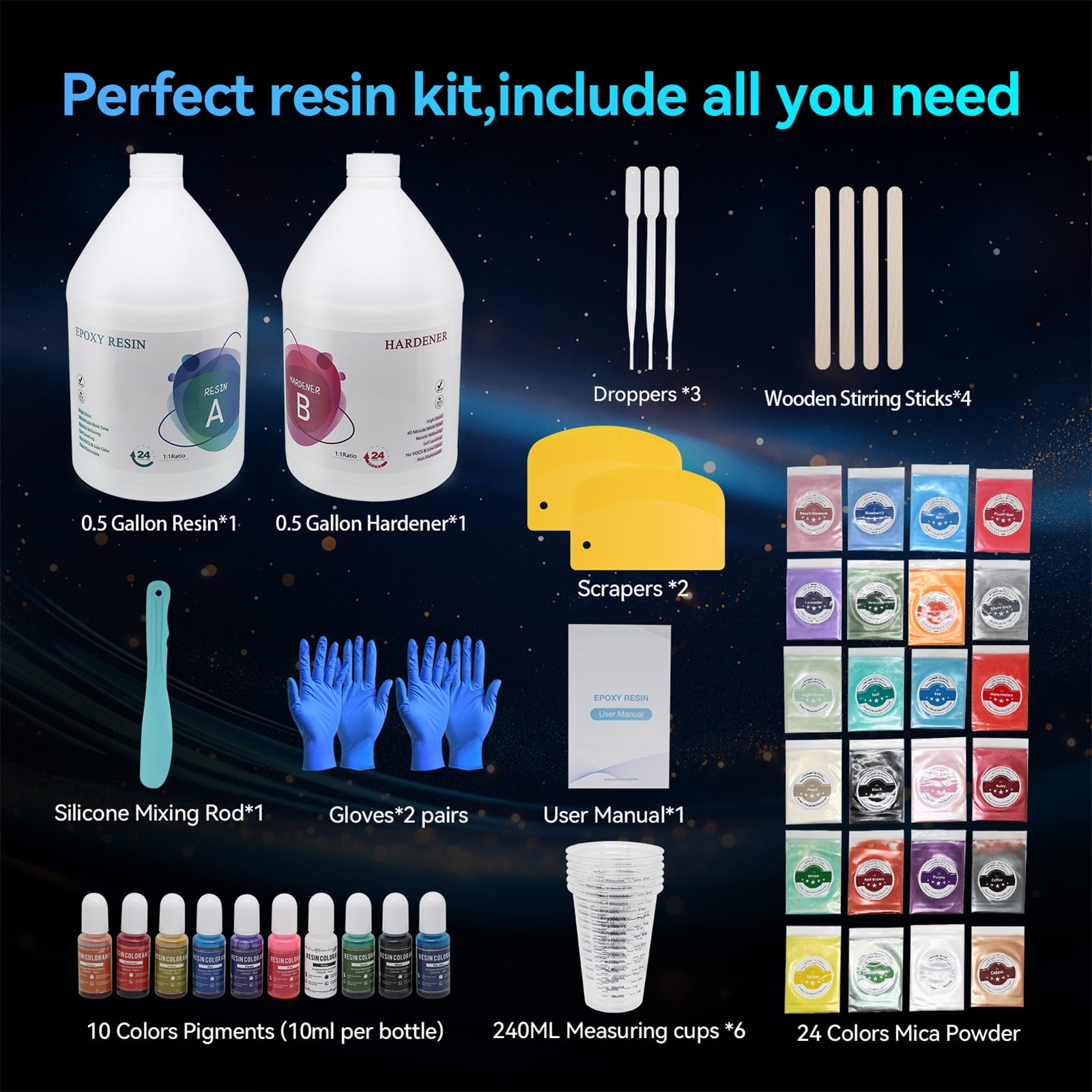 Epoxy Resin 1 Gallon, Omewoold Crystal Clear Resin Kit with 10 Color Pigments, 24 Mica Powder, No Bubble Casting Resin for Art Crafts, Jewelry Making, DIY River Table Countertop Tumbler
