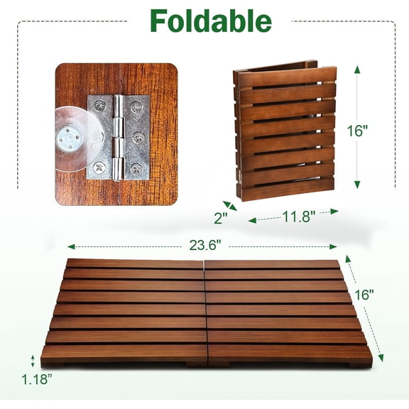 Foldable Teak Shower Mat with Non-Slip Rubber Feet - Water-Resistant Wooden Bath Mat, Ideal for Bathroom, Bathtub, Spa, Sauna, Pool & Indoor/Outdoor Use