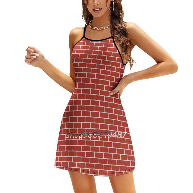 Brick Wall Pattern With Red Bricks Square Neck Dress Cute Loose Print Dresses Elegant Beach Party Dress Brick Pattern Wall Red