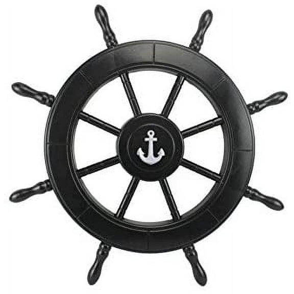 Wooden Ship Wheel (Full Black Painted) - Anchor Motif - (16 Inches, Black)
