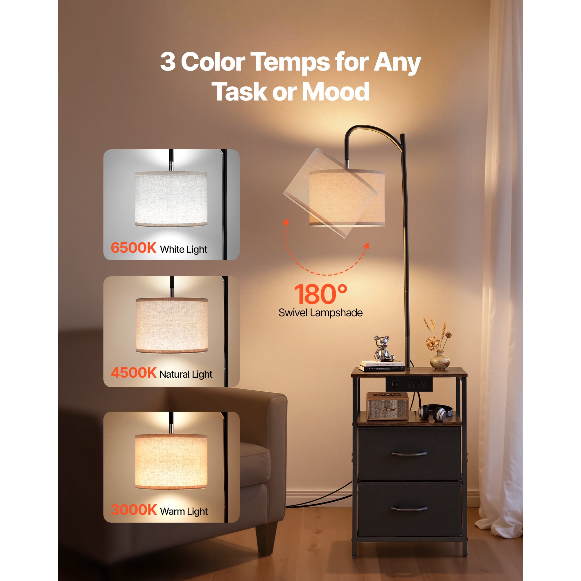 KFFKFF Floor Lamp with Table, End Table with Charging Station, 2 Drawers and Adjustable Lighting, Perfect for Living Room, Bedroom.
