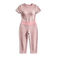 thumbnail image 4 of Holzkary Striped Two Piece Loungewear Set, Crew Neck Short Sleeve Slim Crop Top High Waist Capri Leggings Stretch Matching Outfit, Home Sleepwear Gym Training Clothes Summer Fall Outfits Pink Xxl, 4 of 4