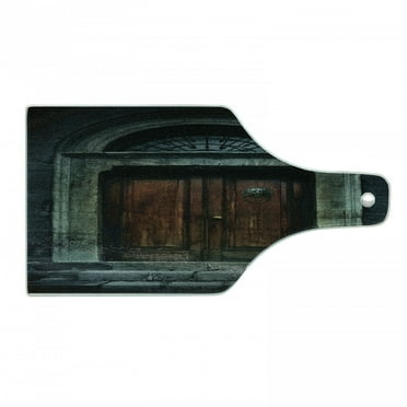 Gothic Cutting Board, Photo of Antique Aged Wooden Door of Dark Haunted Old House Gothic Style Night Theme, Tempered Glass Cutting and Serving Board, Wine Bottle Shape, Grey Brown, by Ambesonne
