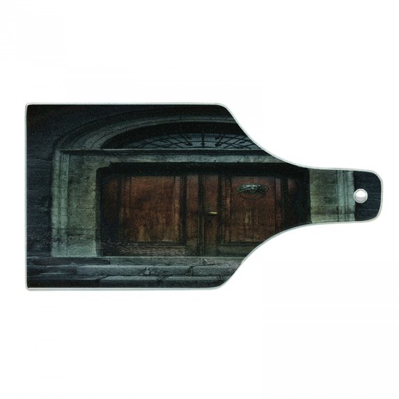 Gothic Cutting Board, Photo of Antique Aged Wooden Door of Dark Haunted Old House Gothic Style Night Theme, Tempered Glass Cutting and Serving Board, Wine Bottle Shape, Grey Brown, by Ambesonne