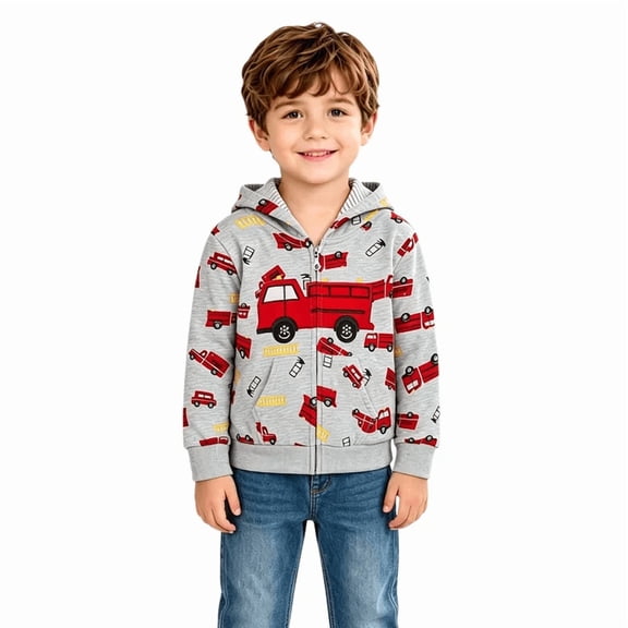 Boys Fire Truck Zip Hoodie - Gray Long Sleeve Fleece Jacket with Truck Print All Over Toddler Outerwear, 5T