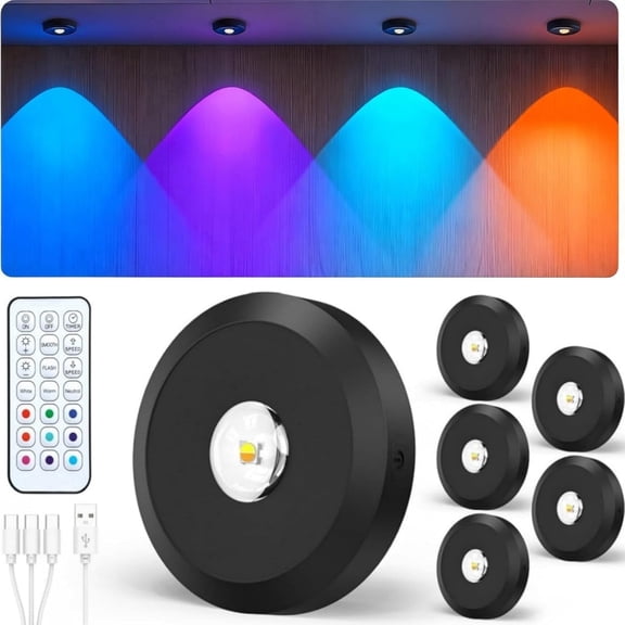Finedea Cabinet Lighting, RGB Cabinet Lighting LED Spot, Energy Saving Magnet Dimmable Under-Unit Light, Wireless Kitchen Cabinet Lighting, with Timer Remote Control, 6 PACK
