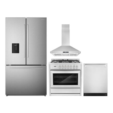 4 Piece Kitchen Package with 36  Freestanding Dual Fuel Range 36  Island Range Hood 24  Built-in Fully Integrated Dishwasher &amp; French Door Refrigerator