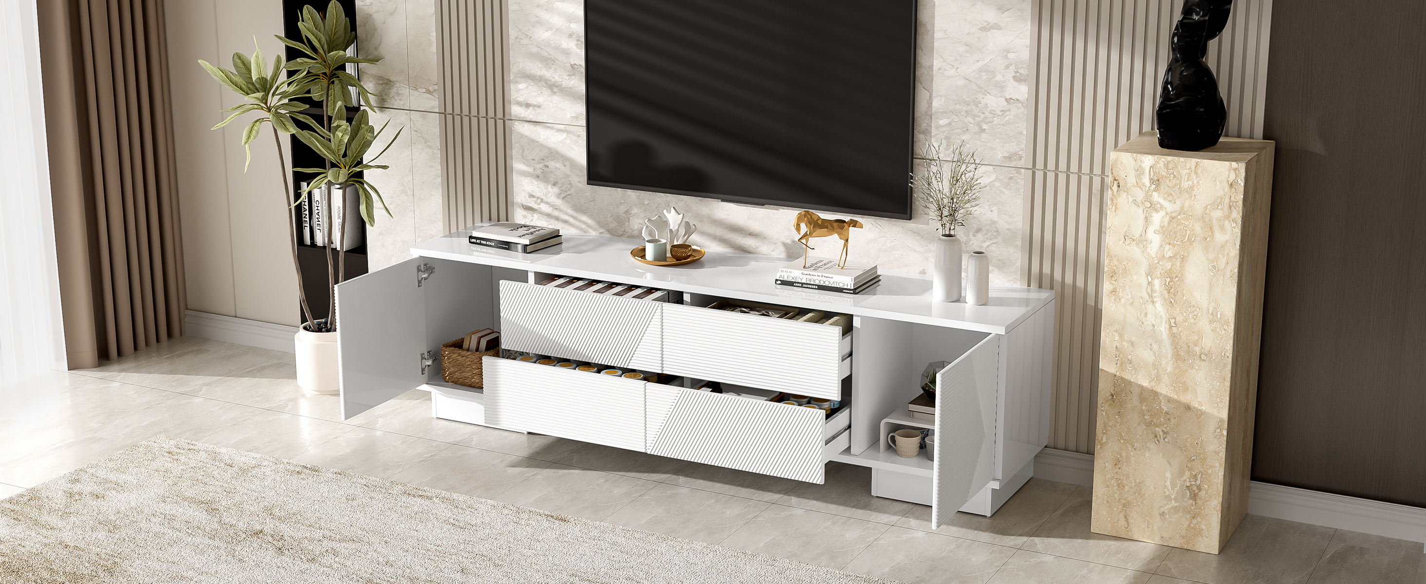 Euroco 70.8'' Modern TV Stand for TVs up to 75 Inches, Entertainment Center with Storage Cabinets, 4 Drawers and a Metal Center Leg, Minimalist Modern Media TV Console Table