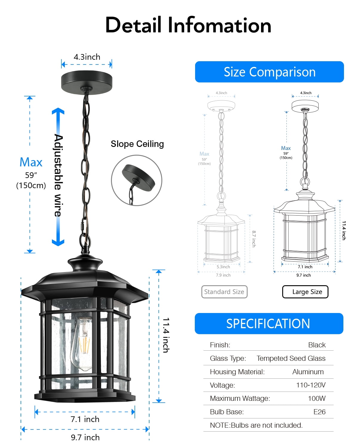 VIANIS Large Outdoor Pendant Light, Black Outdoor Chandelier Lantern, Anti-Rust Outdoor Hanging Lights, Porch Lights Outdoor Ceiling with Tempered Seed Glass for House